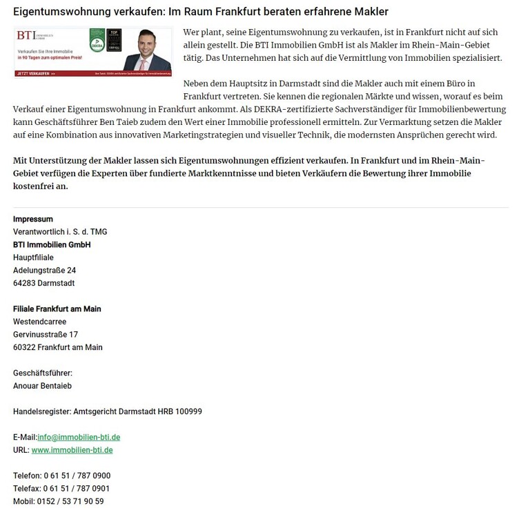 Zeitungsartikel über die BTI Immobilien GmbH in der Frankfurter Rundschau