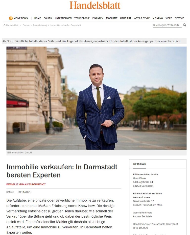 Zeitungsartikel über die BTI Immobilien GmbH im Handelsblatt