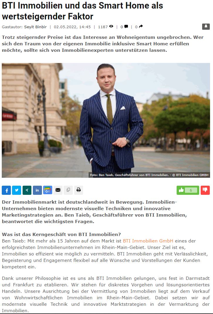 Zeitungsartikel über die BTI Immobilien GmbH in der Wallstreet