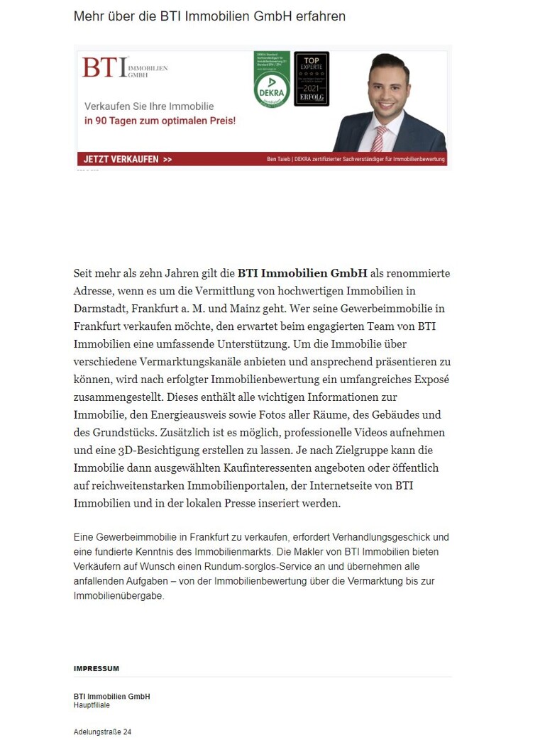 Zeitungsartikel über die BTI Immobilien GmbH in der Welt