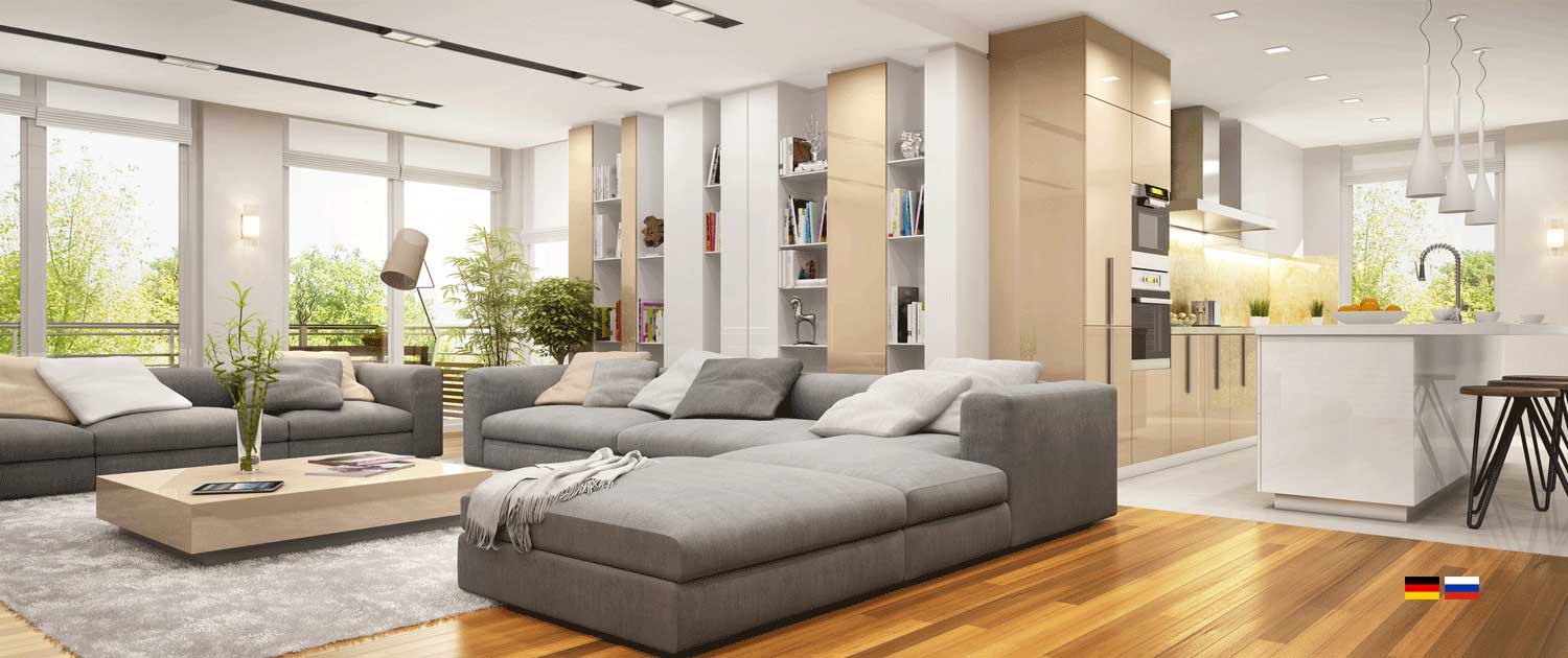 Modernes Wohnzimmer mit großer grauer Couch