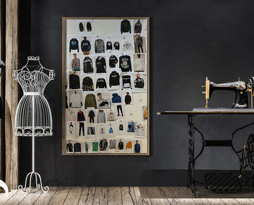 Alte Nähmaschine und Designcollage an einer Pinwand