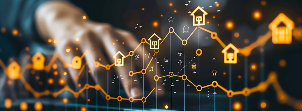 Virtuelle Graphen, die die Entwicklungen des Immobilienmarktes symbolisieren, schweben über einer Tastatur.