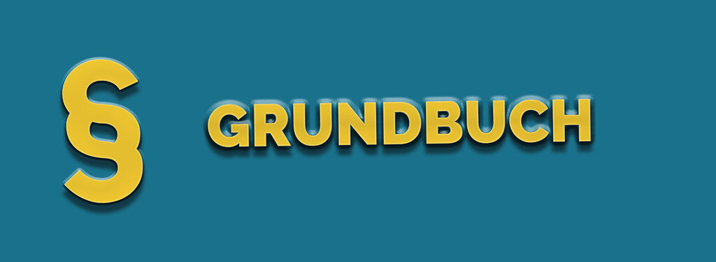 Schriftzug 'Grundbuch'' mit Paragraph-Symbol auf blauem Hintergrund