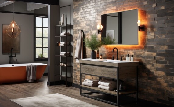 Ein Badezimmer im industriellen Stil mit Backsteinwand