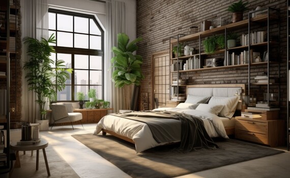 Ein Schlafzimmer im industriellen Stil mit Bett und Bücherregal
