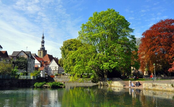 Blick auf den Großen Teich in Soest mit der Altstadt im Hintergrund