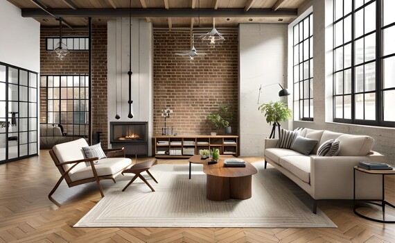 Ein Wohnzimmer im industriellen Stil mit Backsteinwand und Couchmöbeln