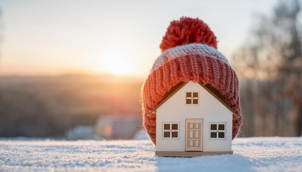 Modellhaus mit Strickmütze im Schnee bei Sonnenuntergang.