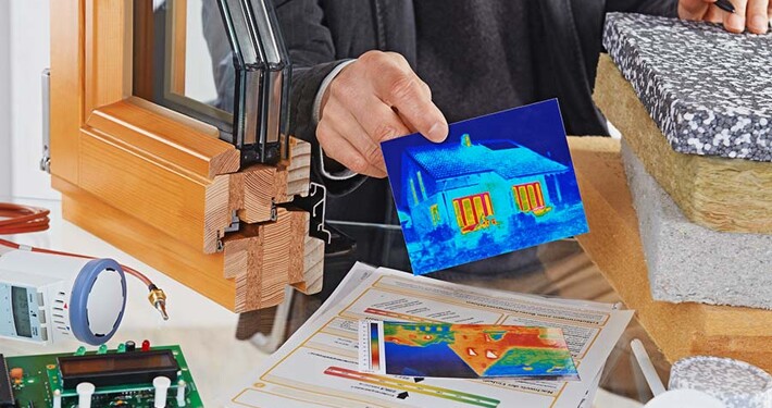 Materialen für die Gebäudesanierung: Fenster-Modell, Dämmplatten, Energieausweis, Thermostat